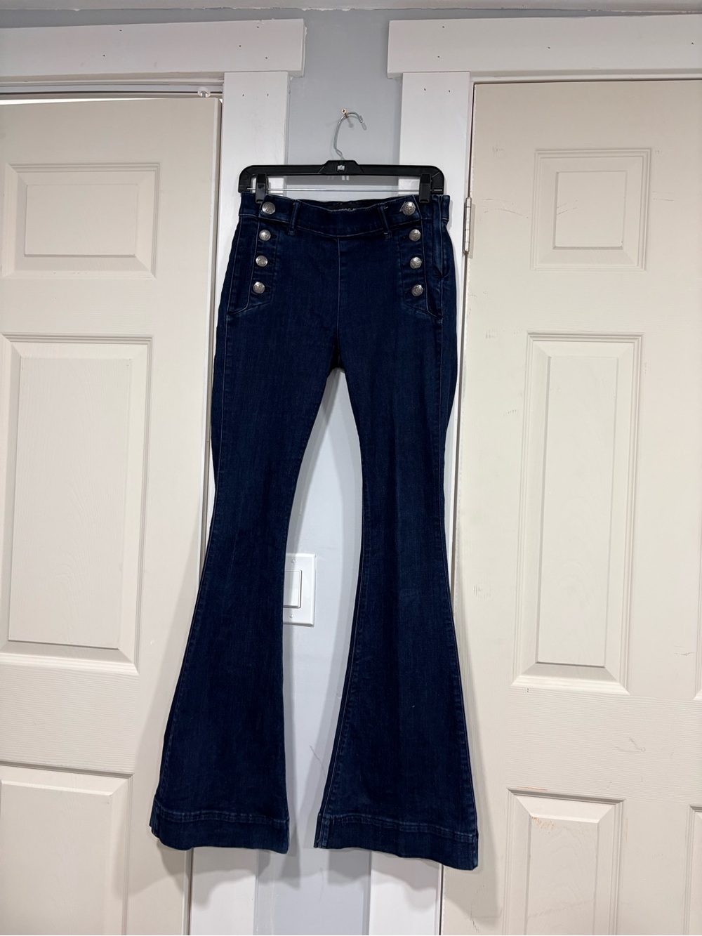 Express Dark Blue High-Rise Flare Jeans with Sailor Buttons